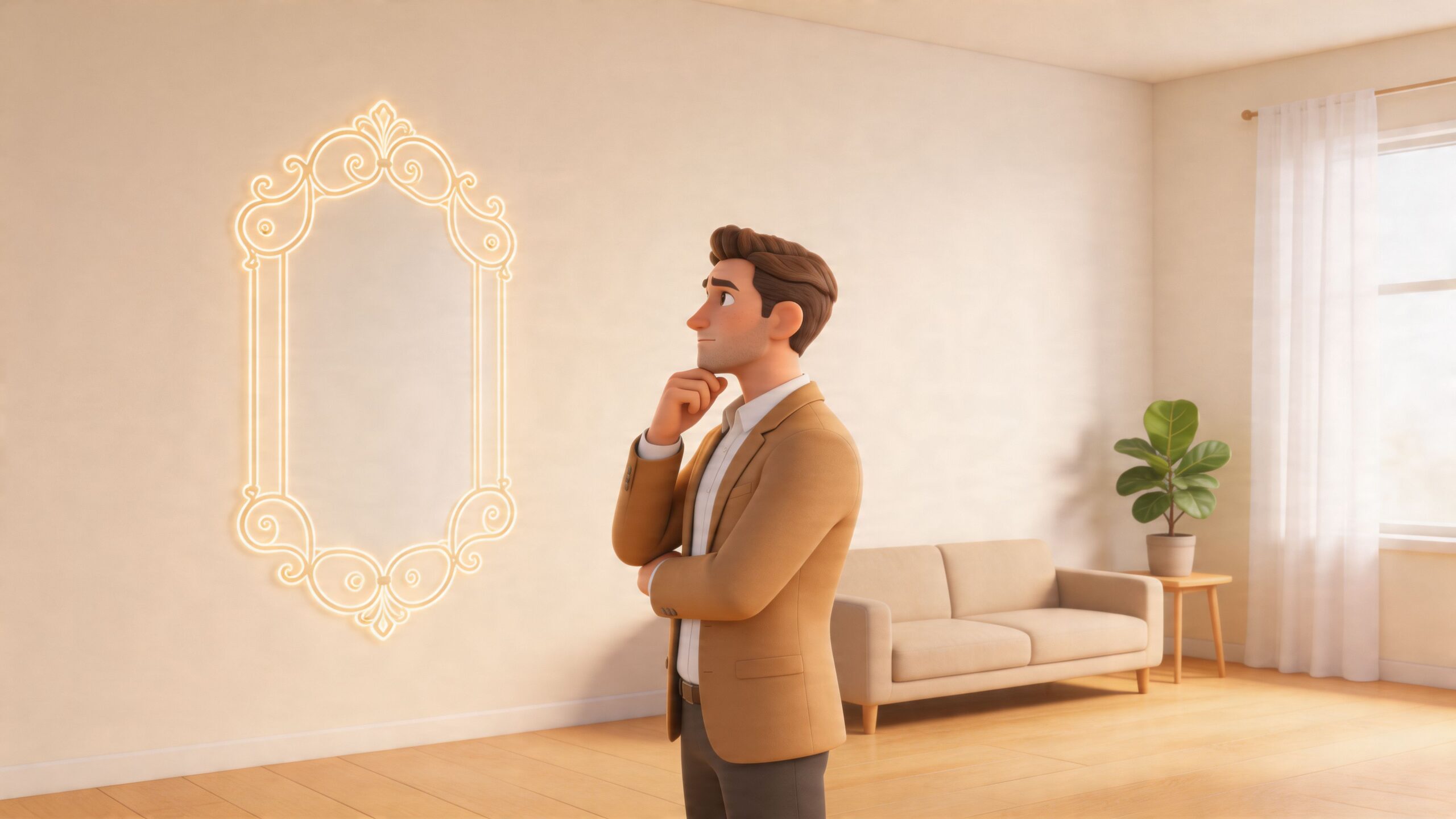 A 3D character in a blazer thoughtfully looks at an ornate, glowing neon iron wrought mirror.