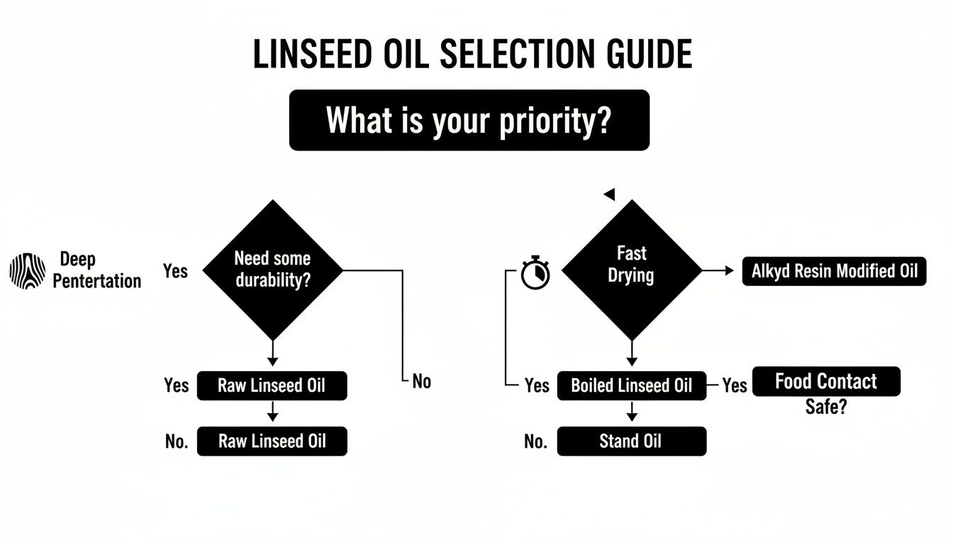 A linseed oil selection guide flowchart detailing choices based on deep penetration, durability, fast drying, and food contact safety.