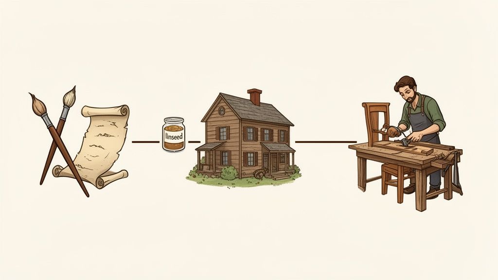 An illustration of paintbrushes, linseed oil, a wooden house, and a craftsman building furniture.