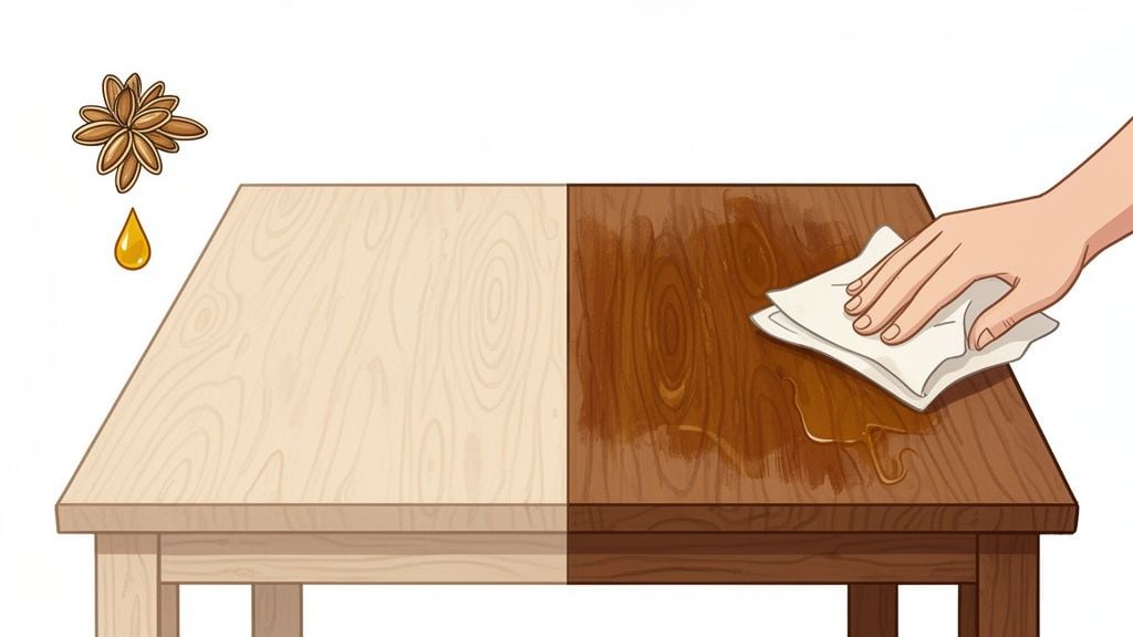 A hand applies oil to a wooden table, revealing a darker, treated side next to untreated wood.