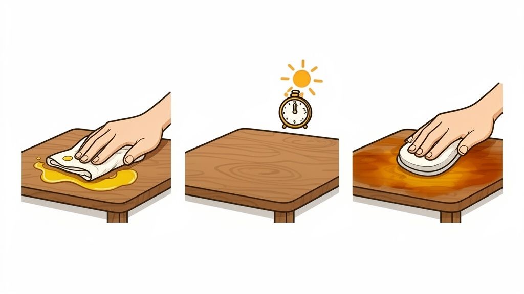 Three steps showing how to apply, dry, and polish oil on a wooden table surface.