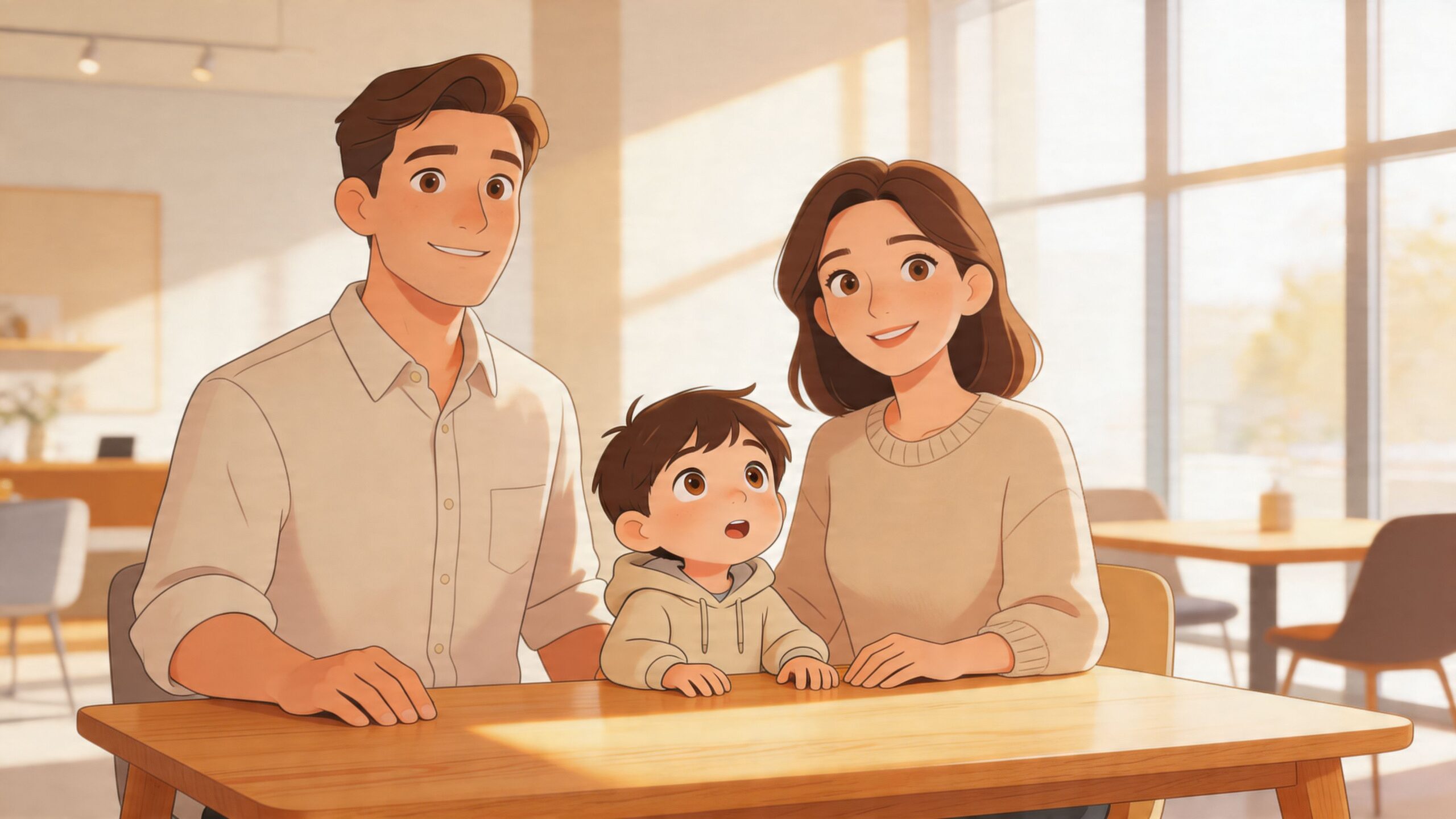 A happy young family of three smiling together while sitting at a wooden table in a cafe.