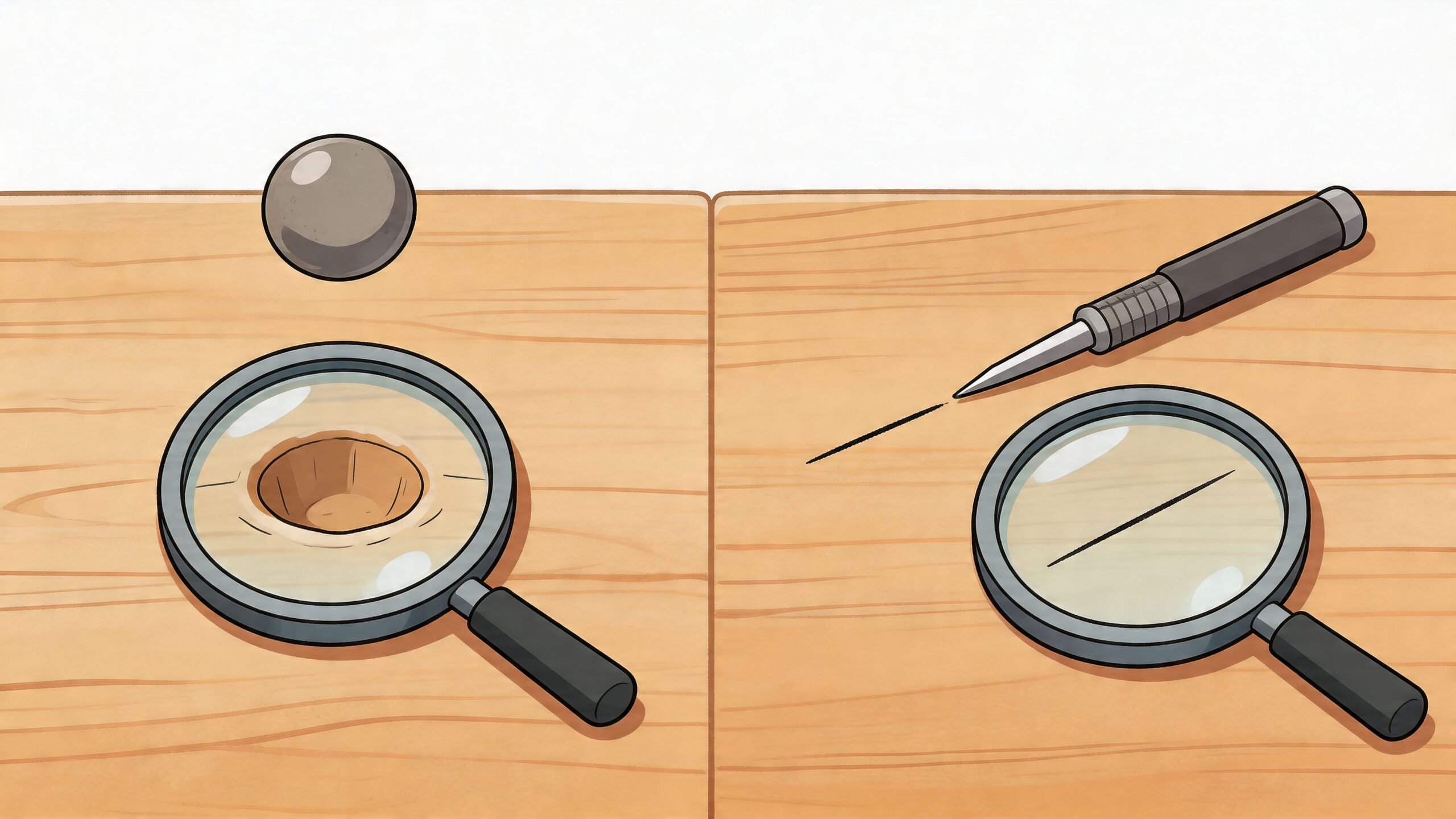 A steel ball and a punch tool shown with magnifying glasses testing wood surface indentations.