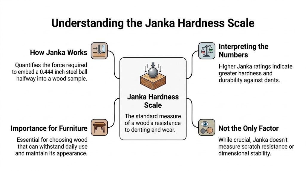 An infographic explaining the Janka Hardness Scale as a measure of wood resistance to dents and wear.