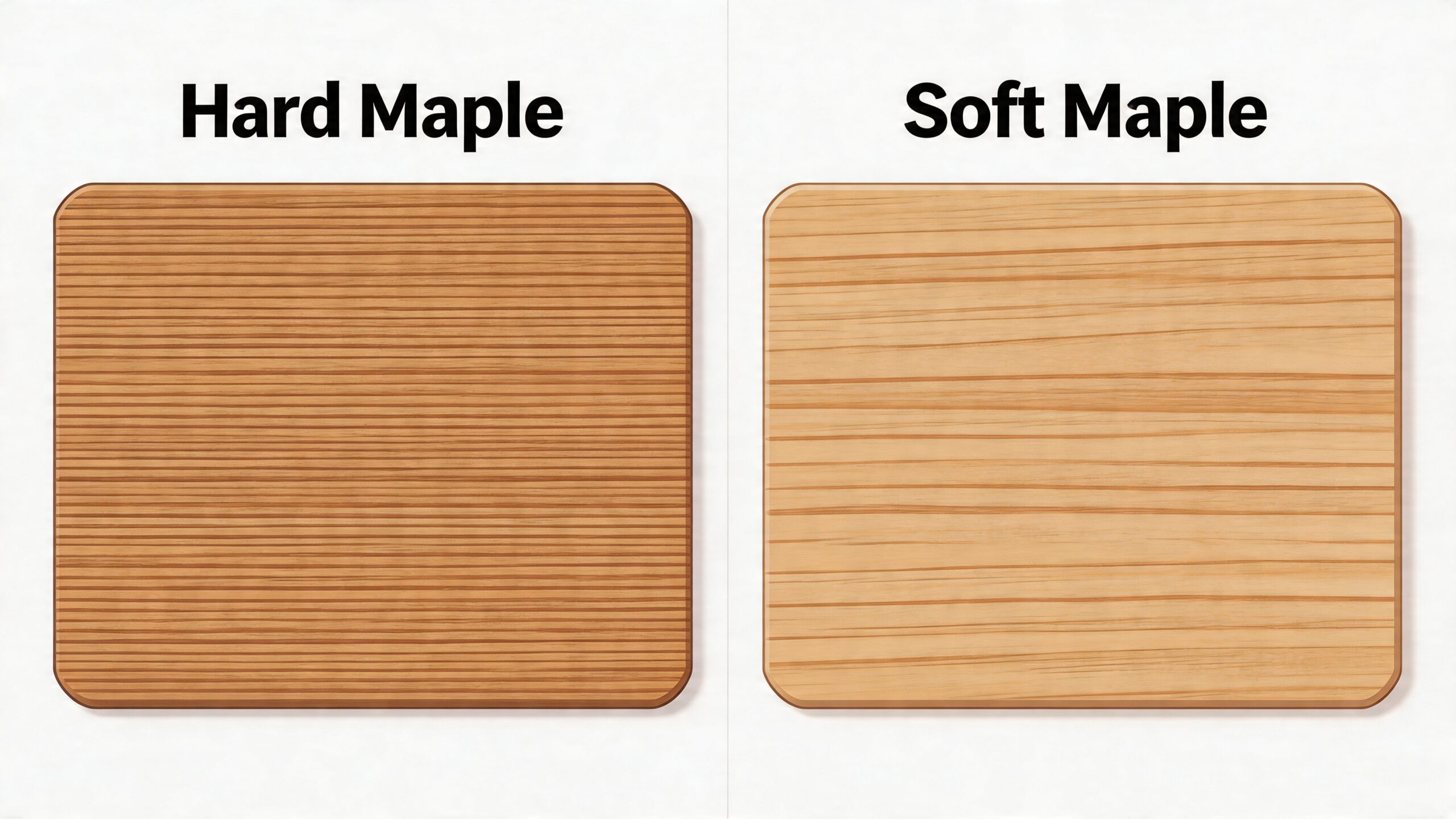 A visual comparison showing the distinct wood grain textures of Hard Maple versus Soft Maple lumber boards.