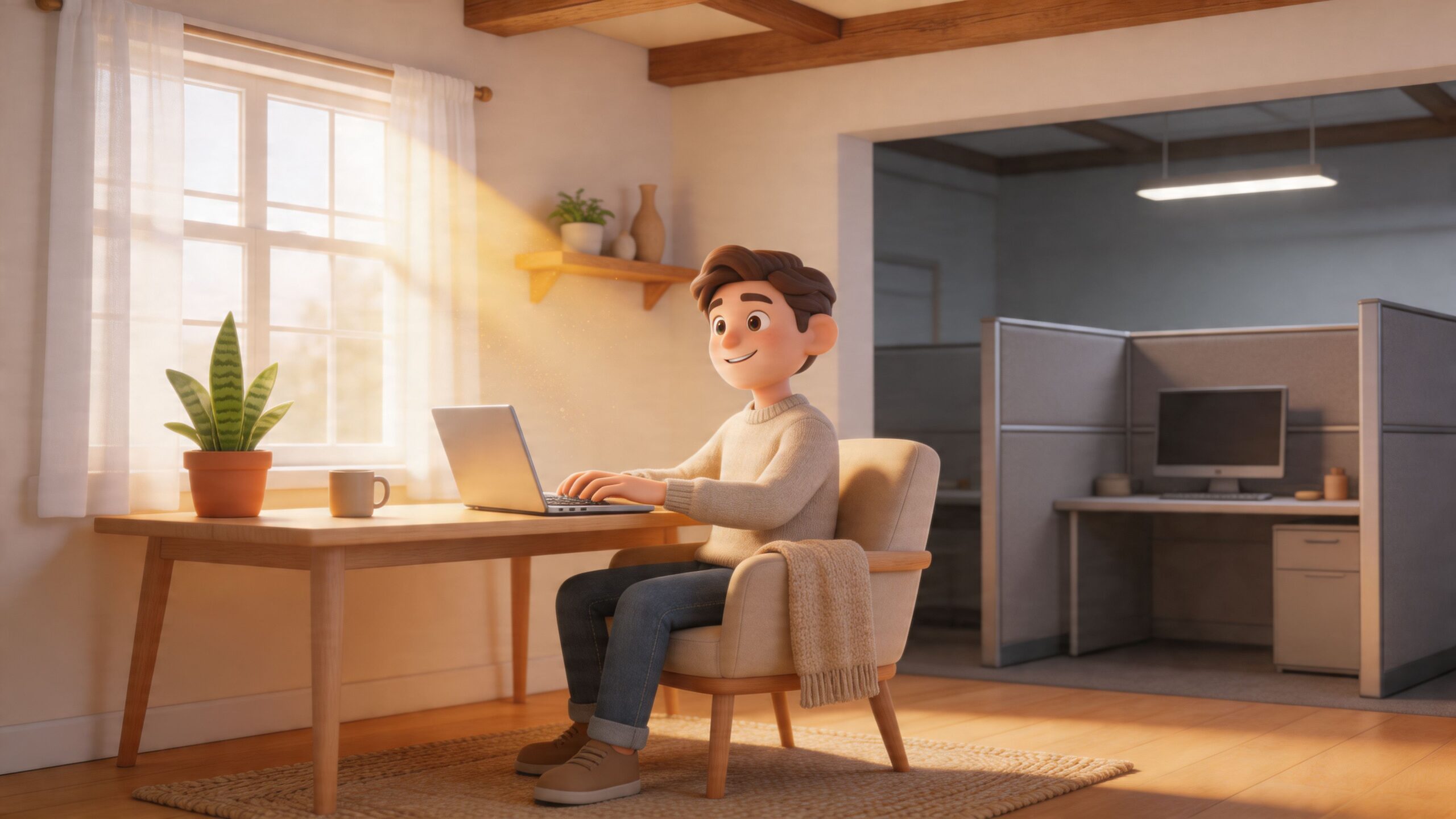 A 3D character sits at a wooden desk working on a laptop in a cozy farmhouse style room.