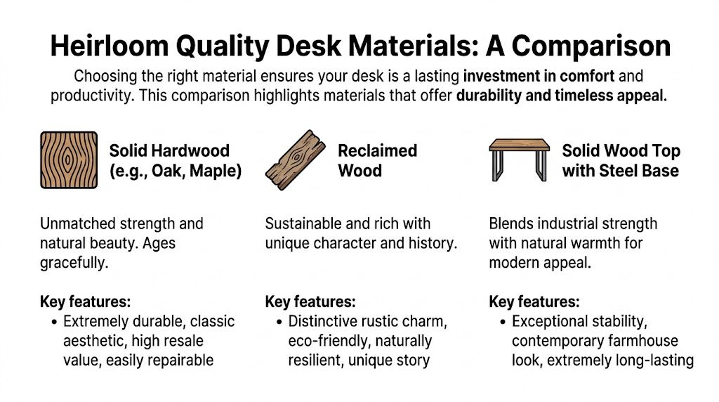 A comparison chart showing three durable heirloom quality desk materials including solid hardwood, reclaimed wood, and steel.