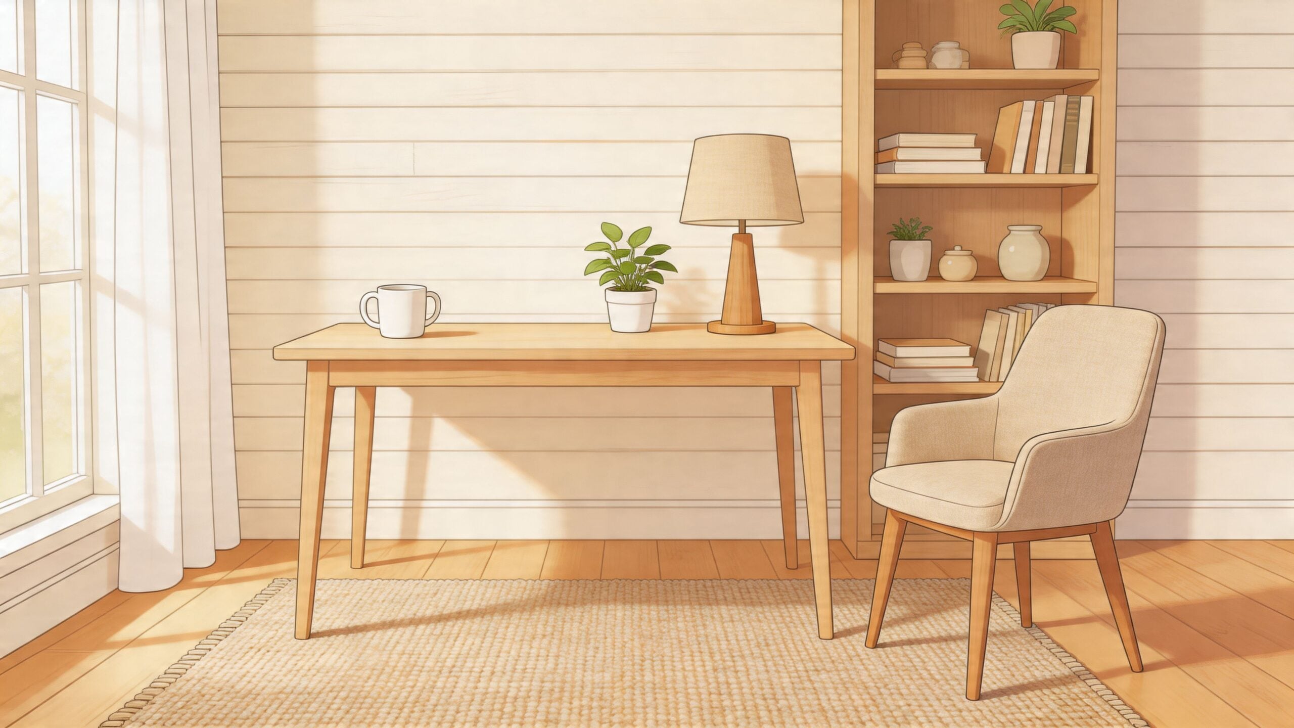 A minimalist light wood desk in a bright, modern farmhouse style home office with a chair.