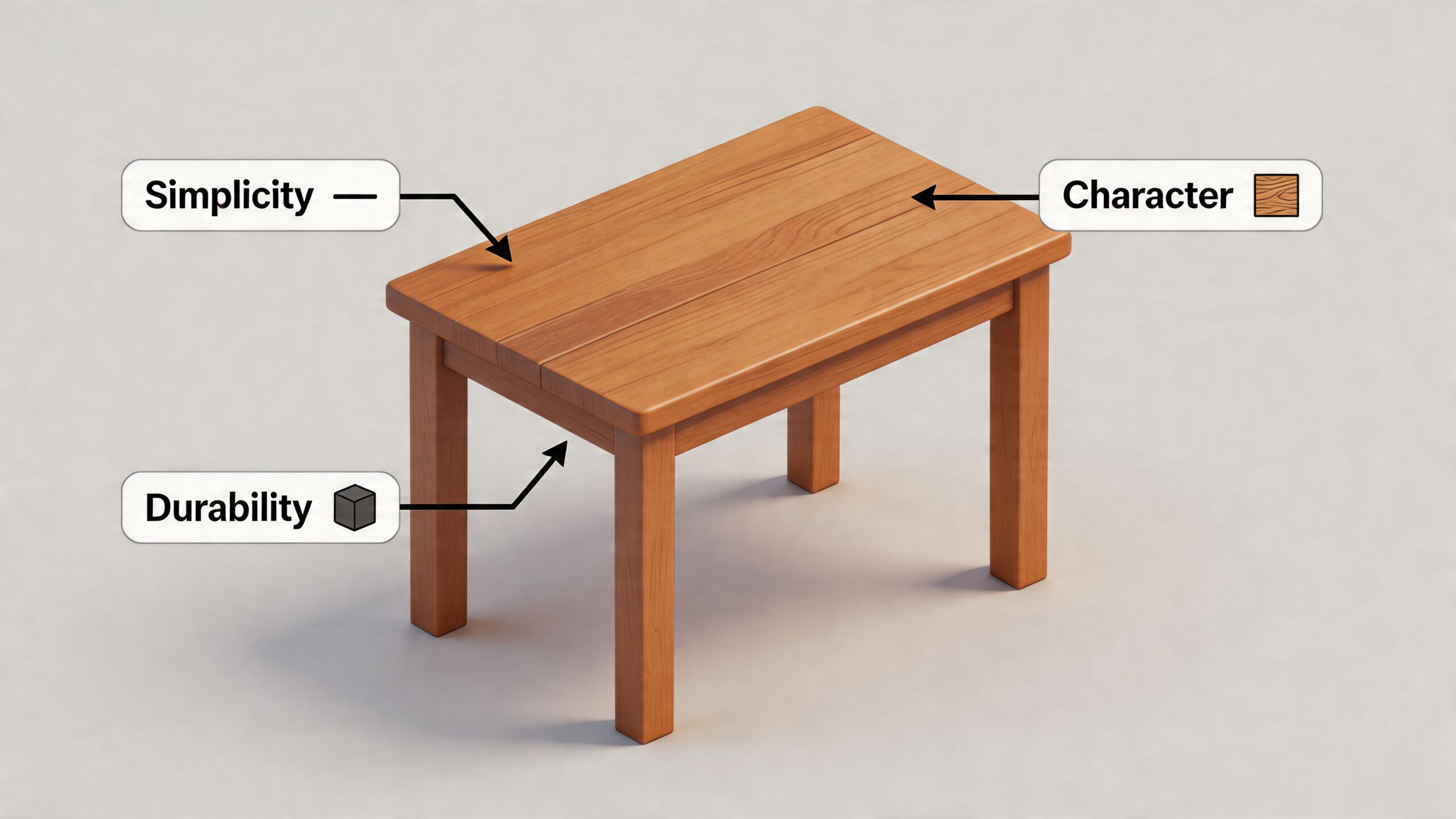 A simple, durable wooden desk with natural grain patterns, presented in a clean, minimalist 3D isometric view.