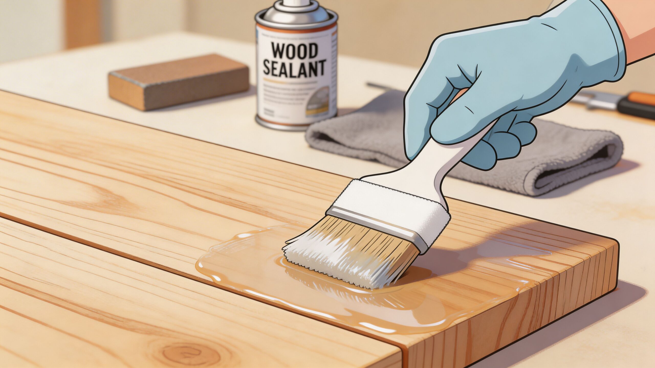A gloved hand uses a brush to apply clear sealant to a piece of poplar wood furniture.