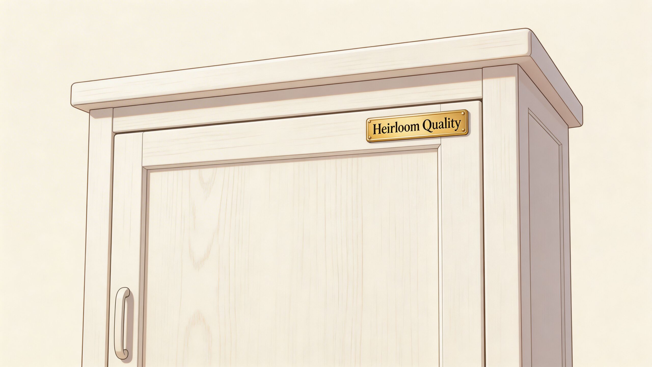 A close-up view of a light-colored wooden cabinet door with a brass Heirloom Quality plaque attached.