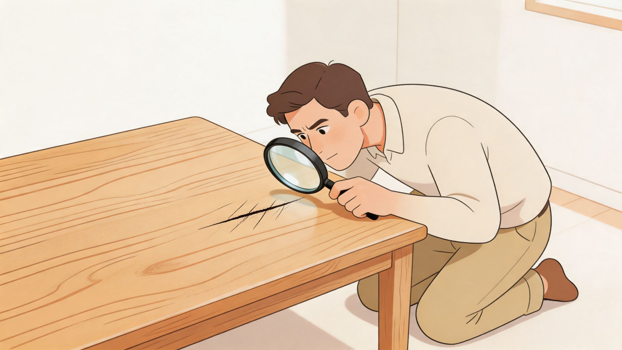 A man kneeling and using a magnifying glass to inspect a deep scratch on a wooden table.