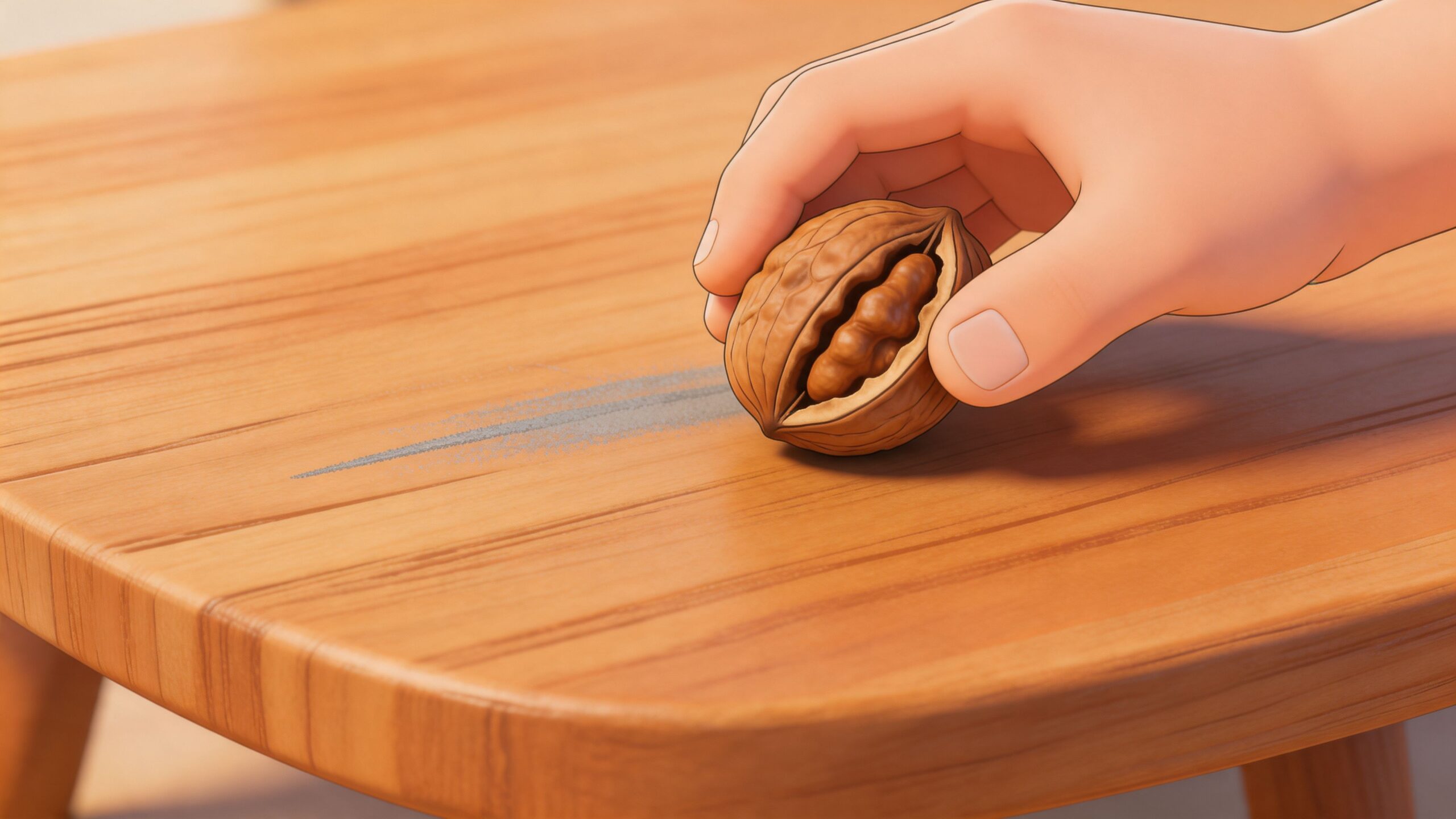 A person using a walnut to cover or repair a scratch on a wooden table surface.