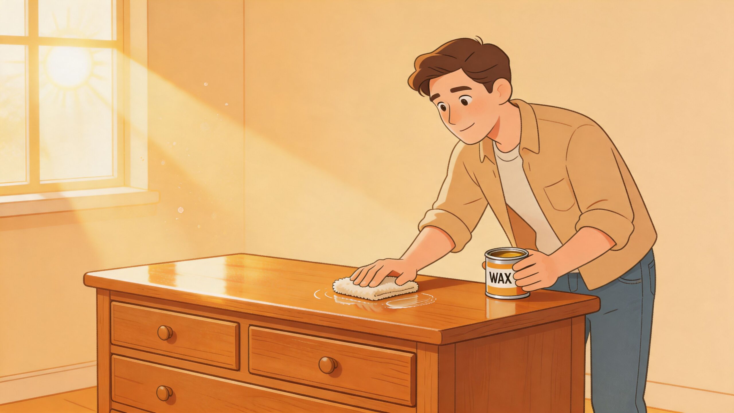 A young man applying wax to a wooden dresser to repair scratches and maintain the furniture surface.