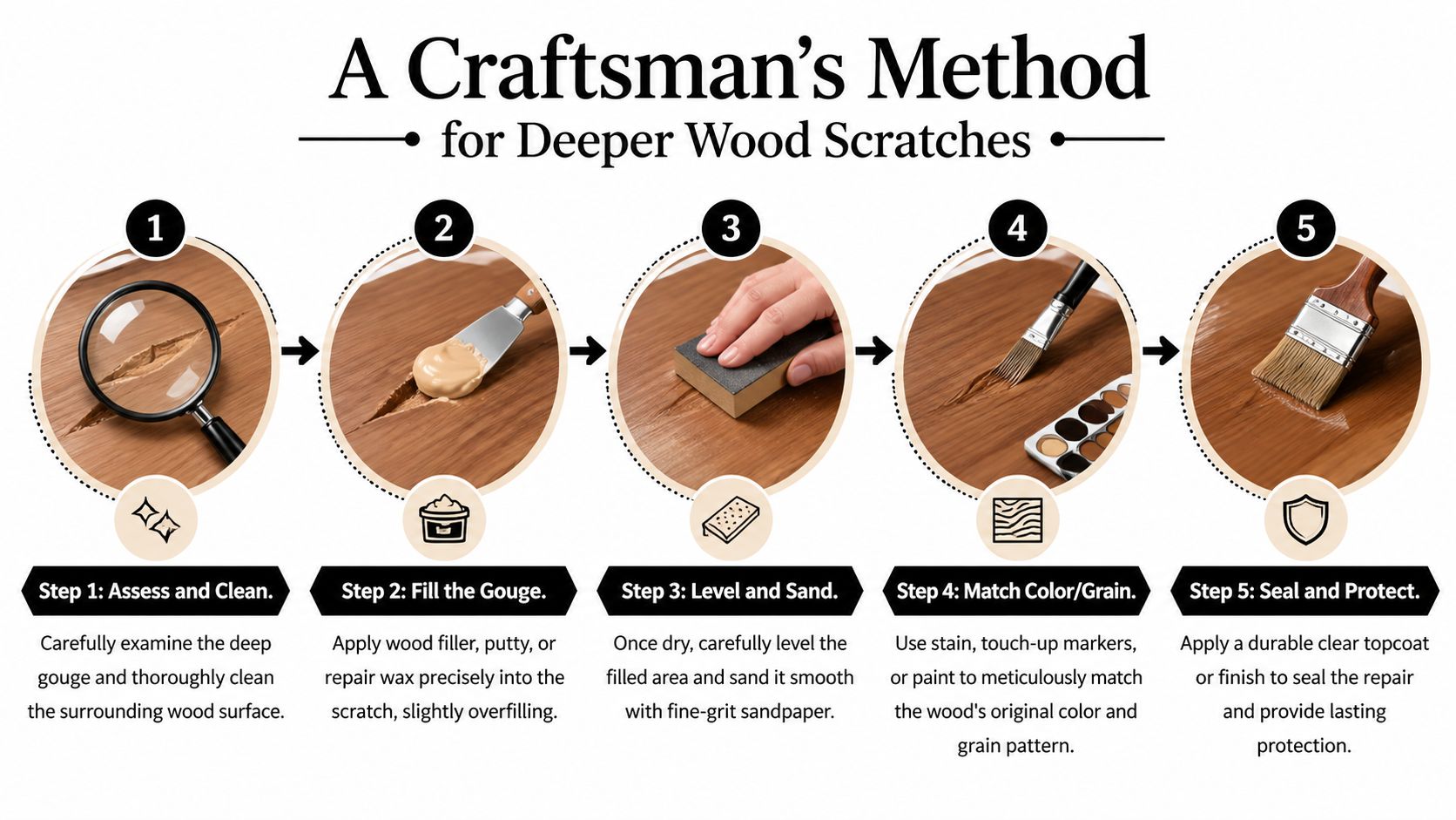 A five-step infographic showing how to repair deep scratches in wood furniture with tools and instructions.