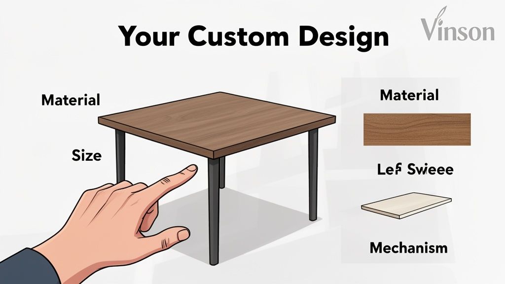 A digital interface illustrating the customization options for a square dining table, featuring material and leaf choices.