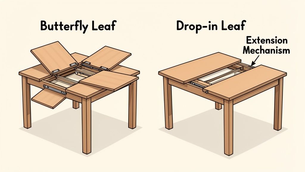 A diagram comparing a butterfly leaf table mechanism with a drop-in leaf table mechanism for dining tables.