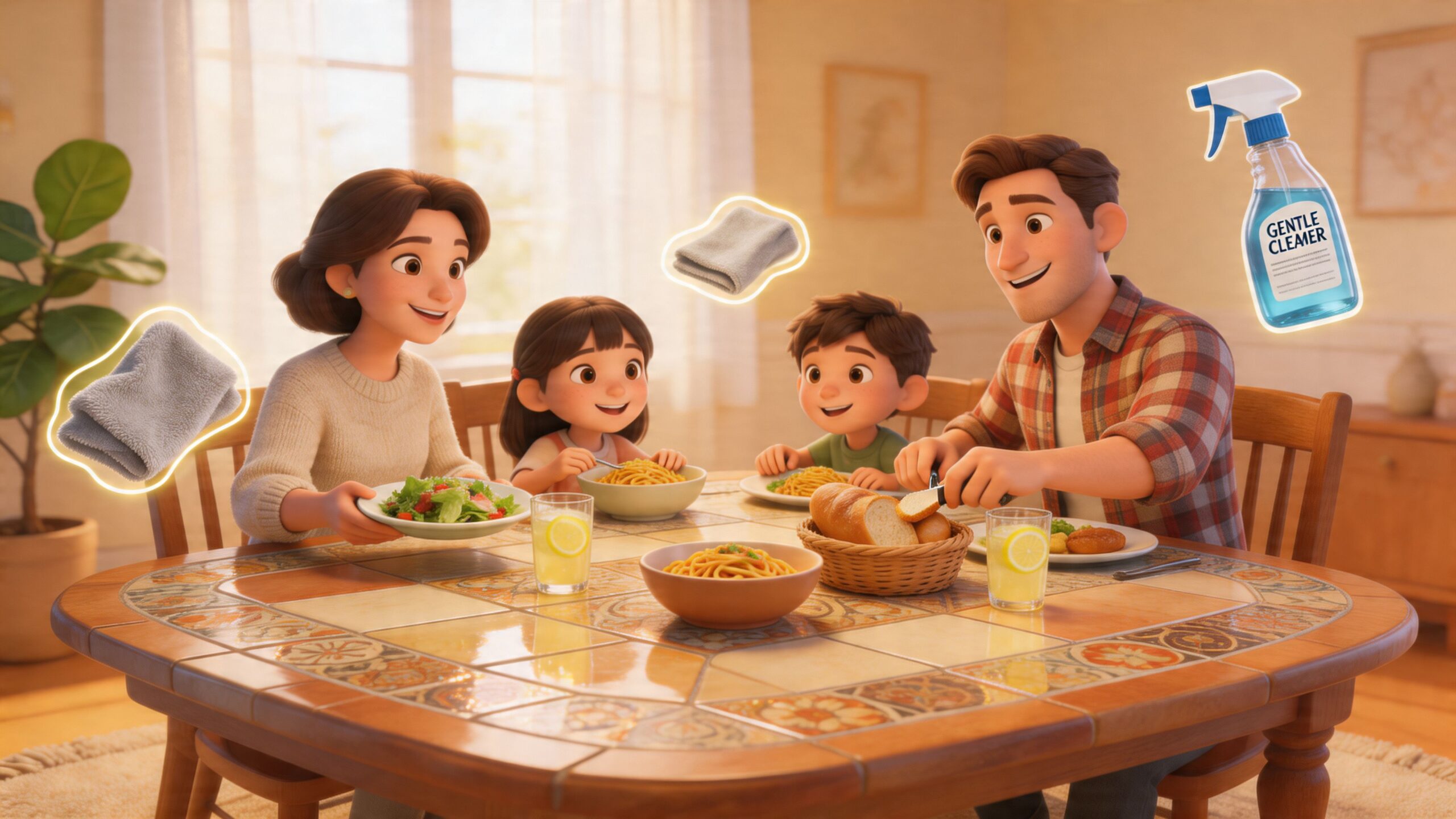 A happy family of four enjoying a meal together at a rustic tile top dining table.