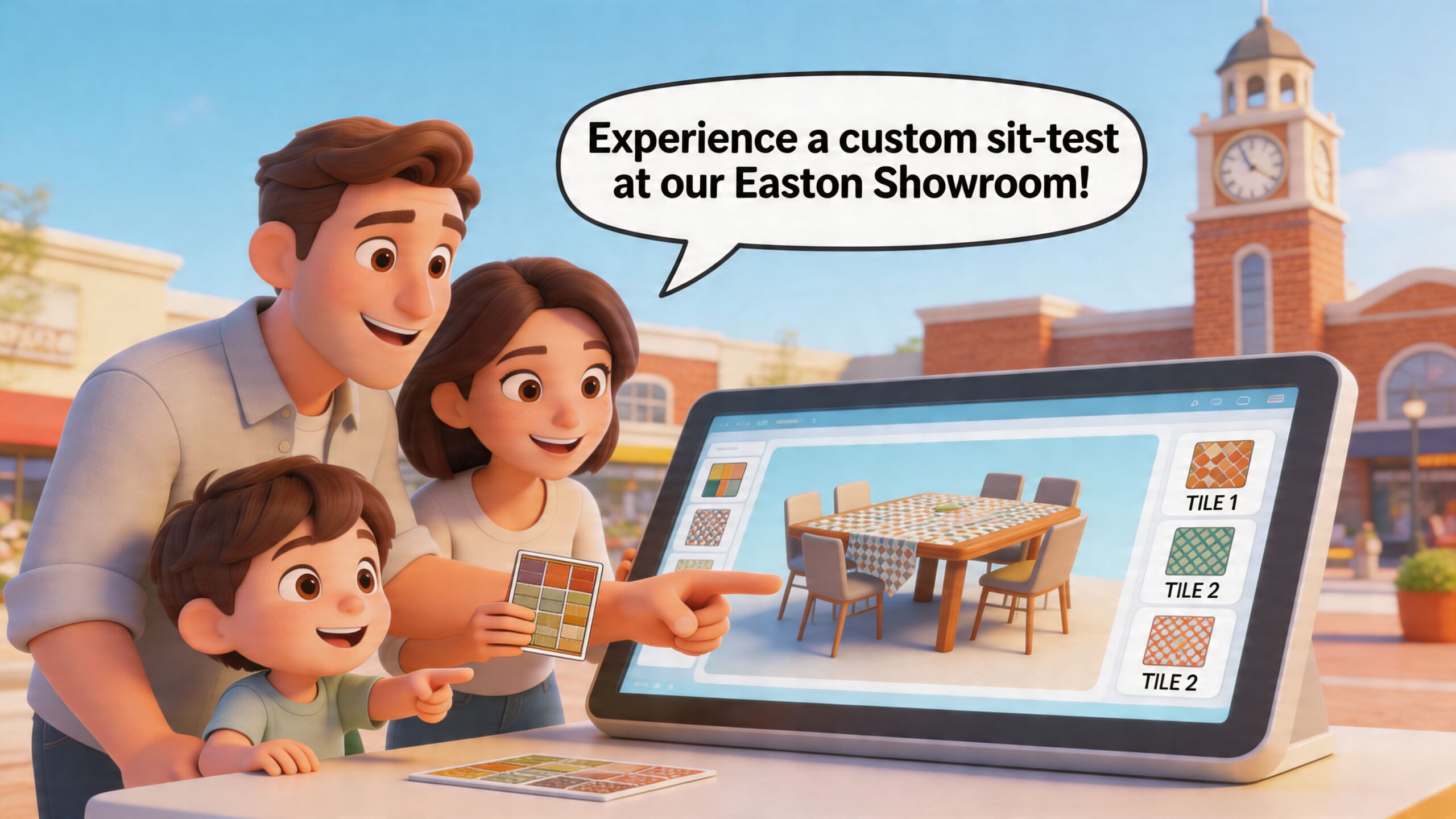 A happy family looking at custom tile top dining tables on a digital showroom screen outdoors.