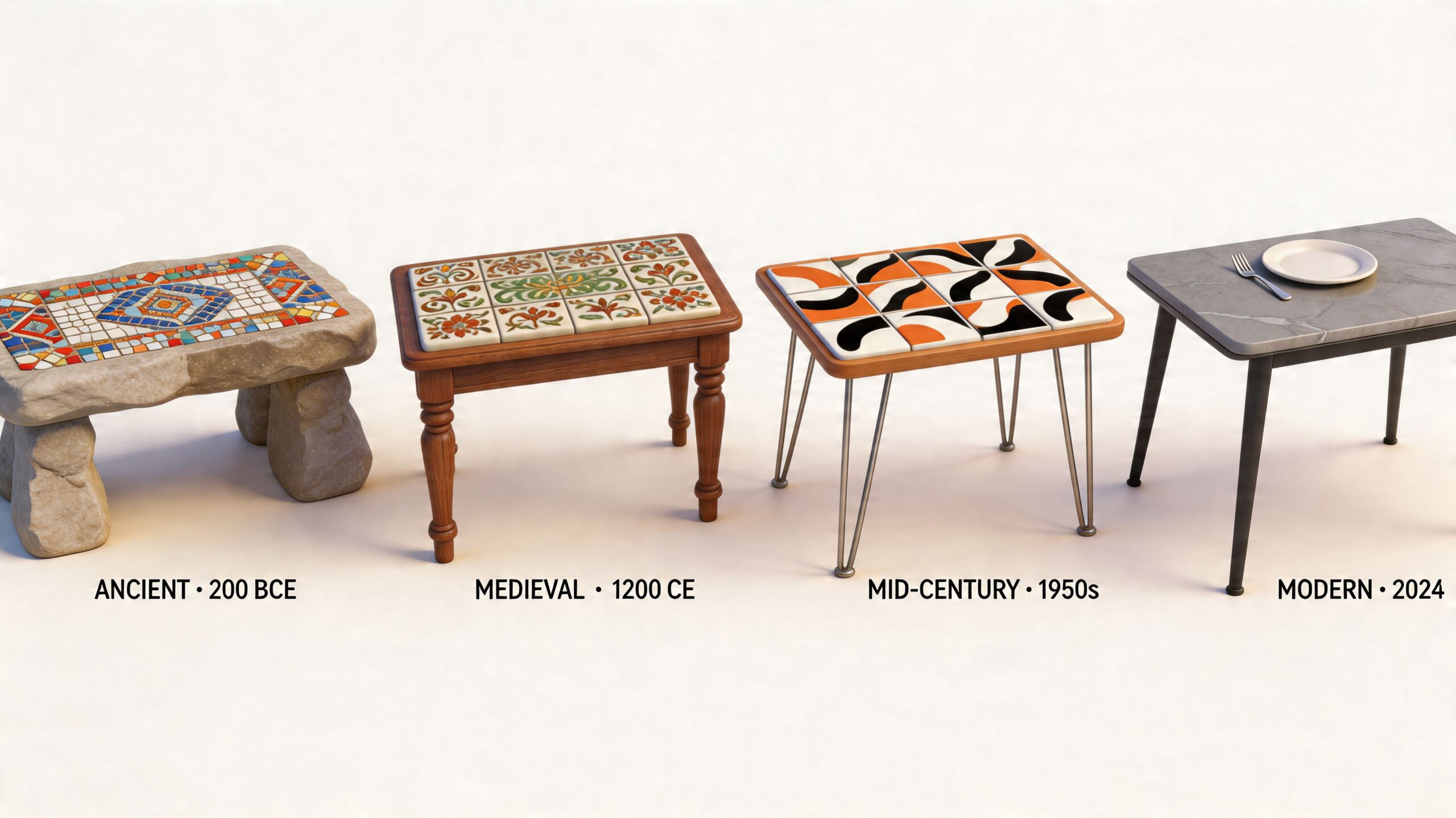 A chronological evolution of table designs, from an ancient stone mosaic to a modern marble dining table.