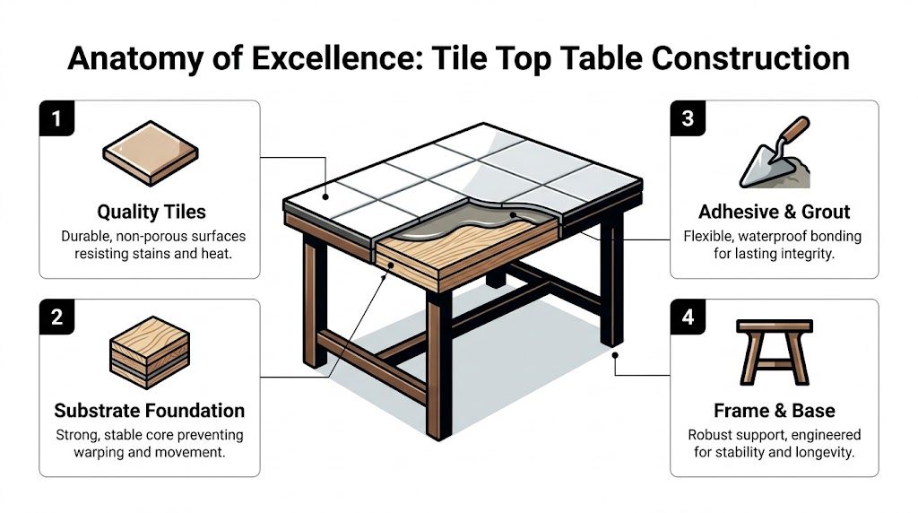 An infographic illustrating the four essential components of a high-quality tile top table construction process.