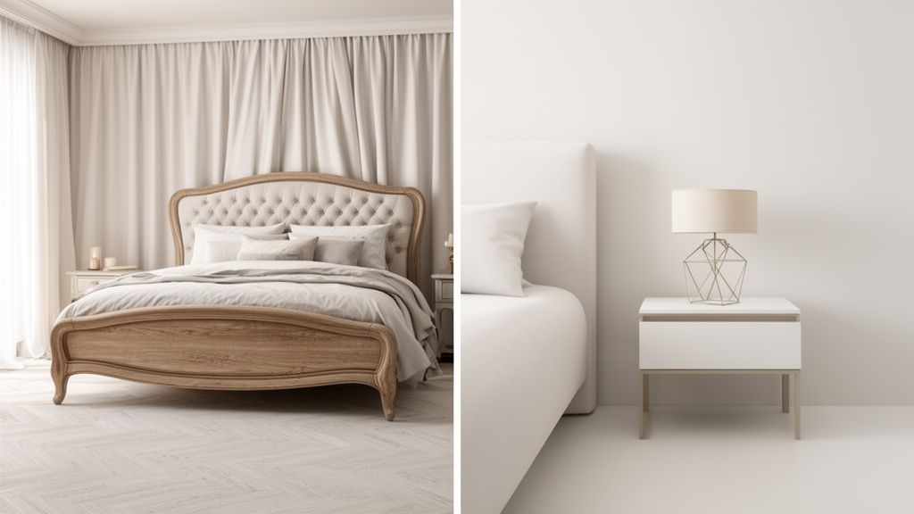A split image showing a classic bedroom with a wooden bed and a modern white bedroom interior.