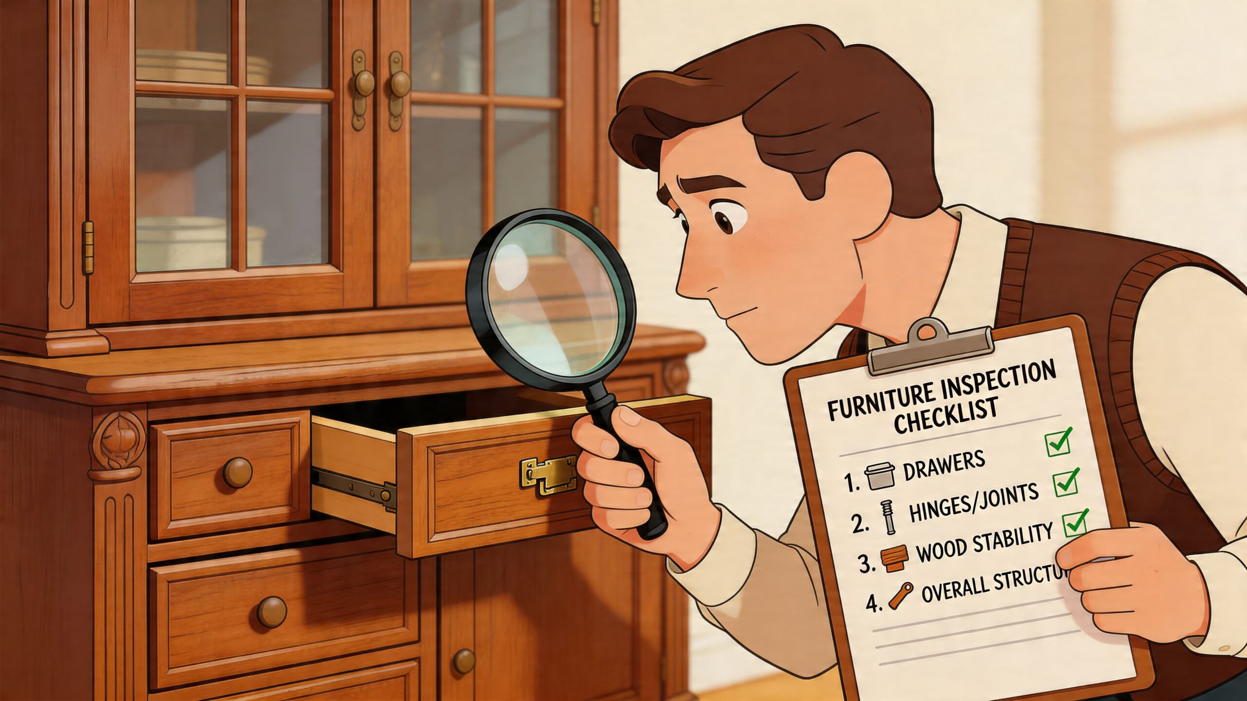 A man in a vest uses a magnifying glass to inspect the drawers of a wooden hutch.