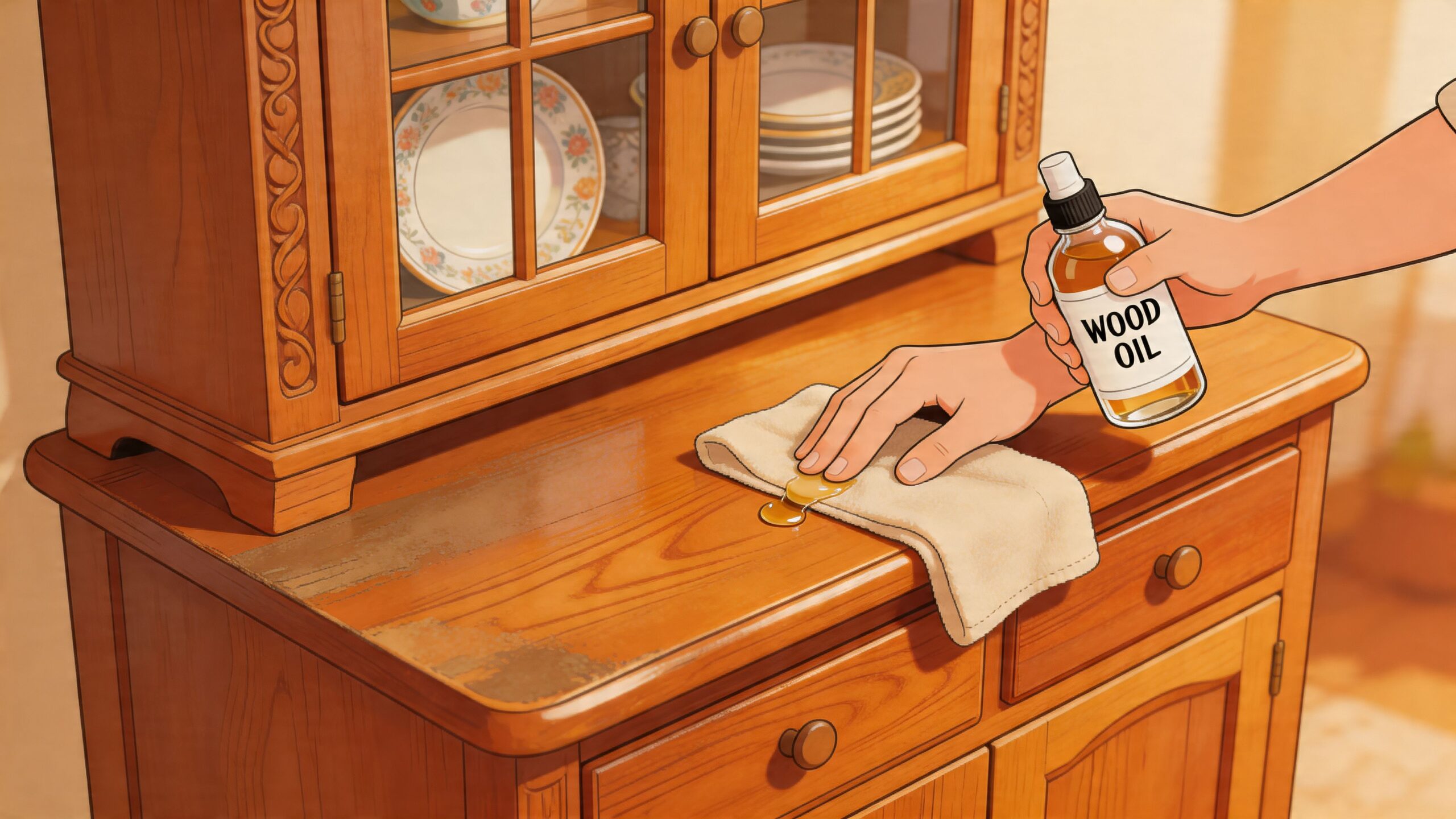A person applying wood oil to a cloth to polish and restore a vintage wooden buffet hutch.
