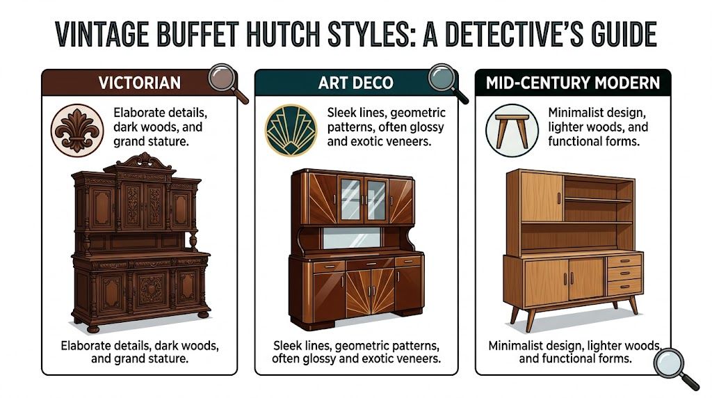 A visual guide comparing Victorian, Art Deco, and Mid-Century Modern vintage buffet hutch design styles with illustrations.