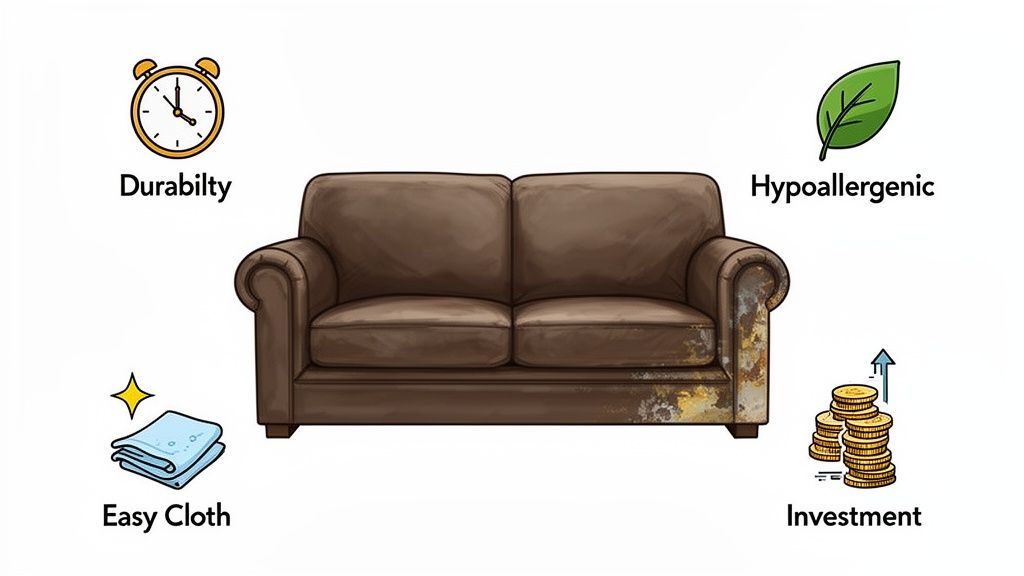 A brown two-seater sofa with icons showing durability, hypoallergenic, easy cleaning, and investment benefits.