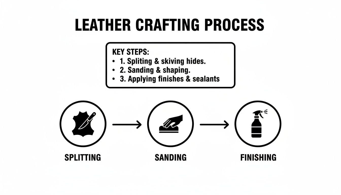 Diagram illustrating the three key steps of the leather crafting process: splitting, sanding, and finishing.