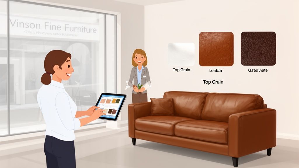 Illustration of a customer customizing a brown leather sofa on a tablet in a furniture showroom.