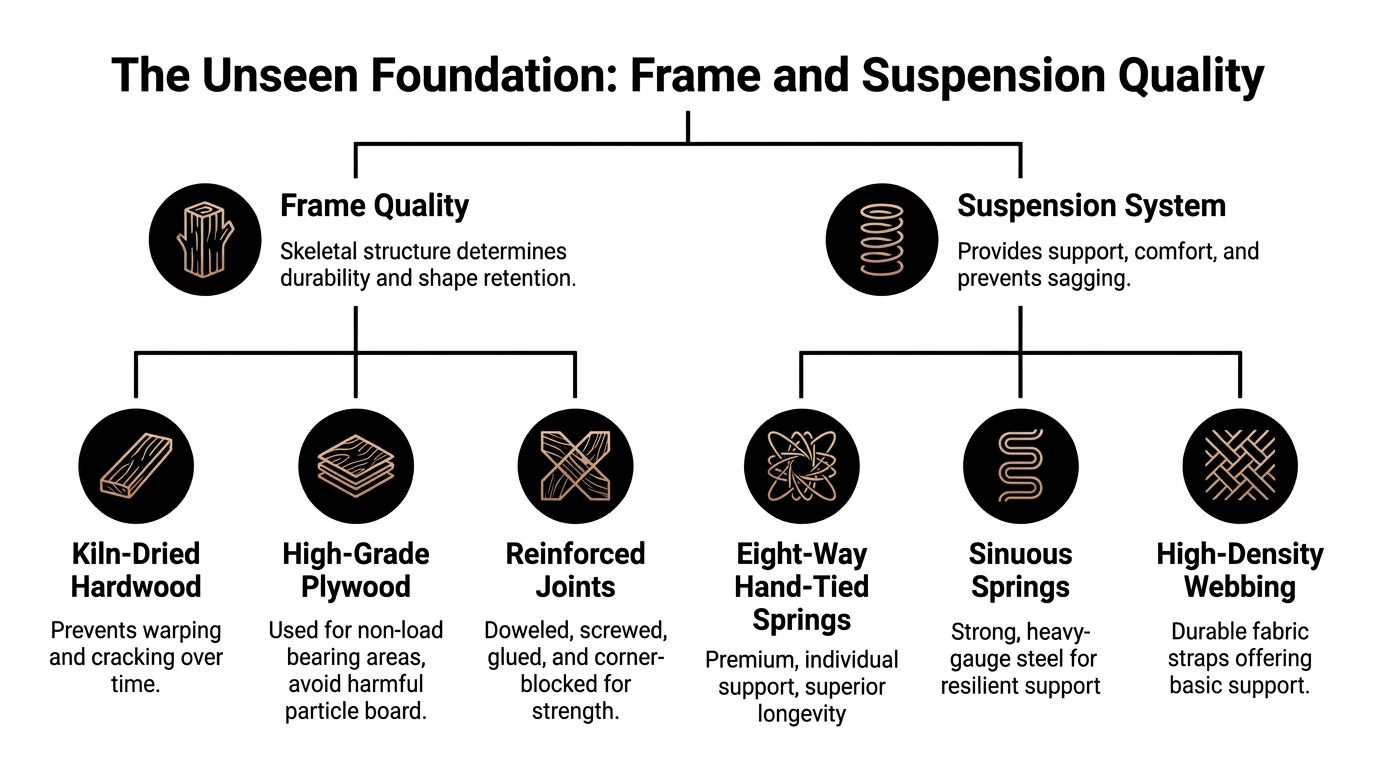A diagram outlining the importance of frame and suspension quality when choosing high-quality durable furniture.