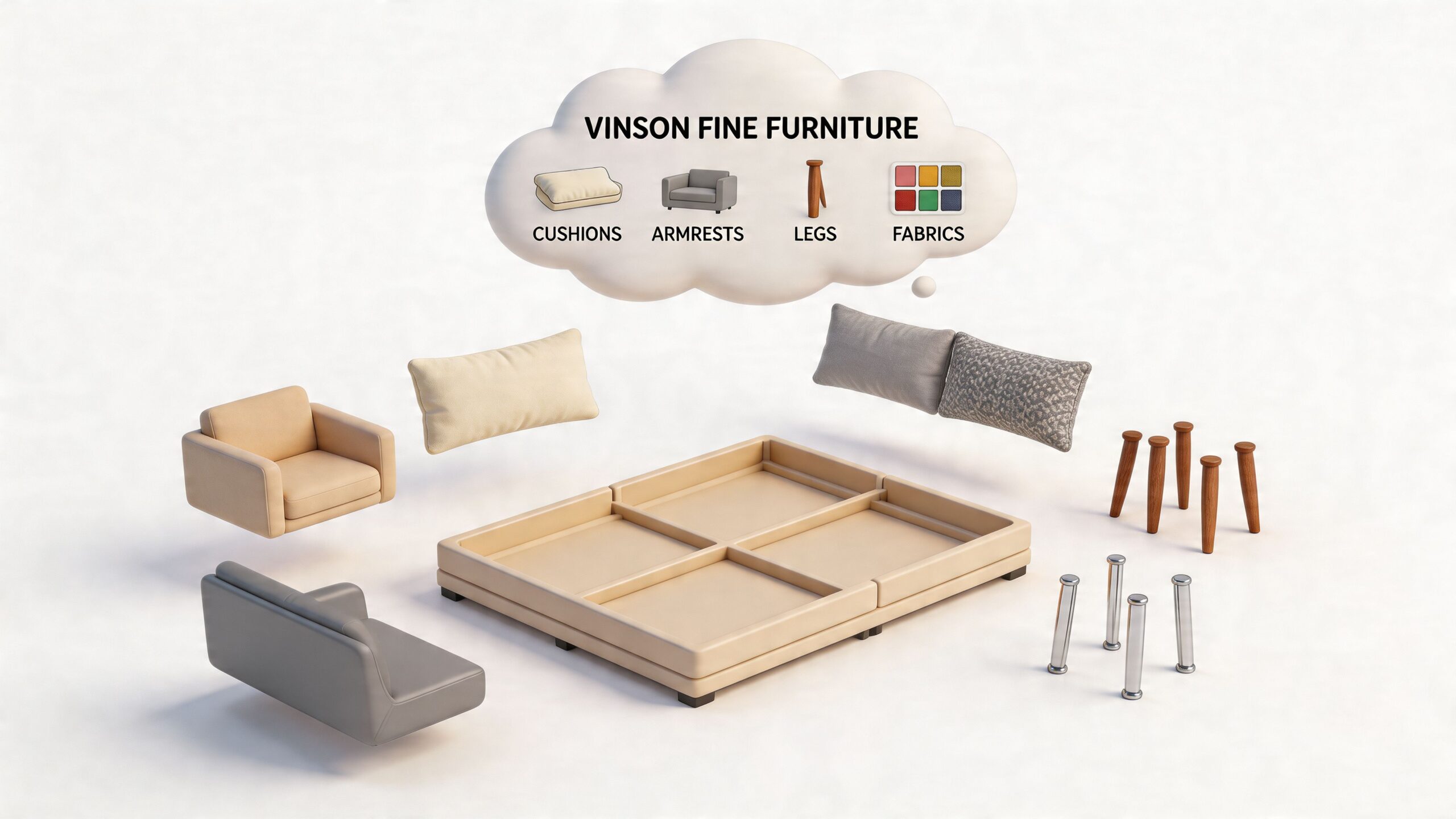 An exploded view of a modular sofa showing various customizable components like cushions, armrests, and legs.