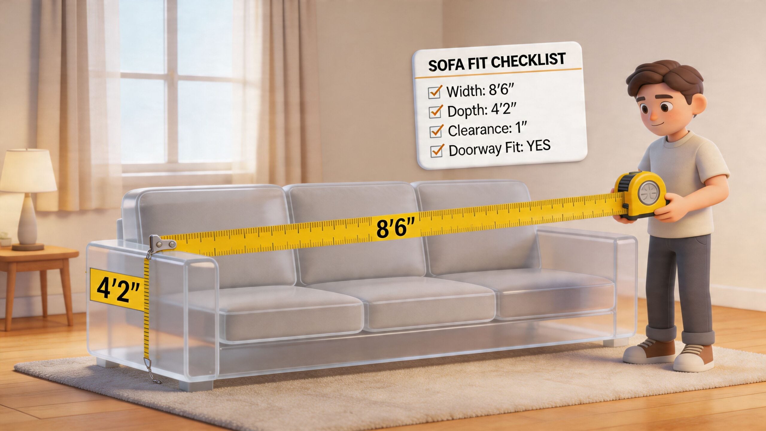 An illustrated character measuring a sofa with a checklist showing dimensions for a furniture fit.