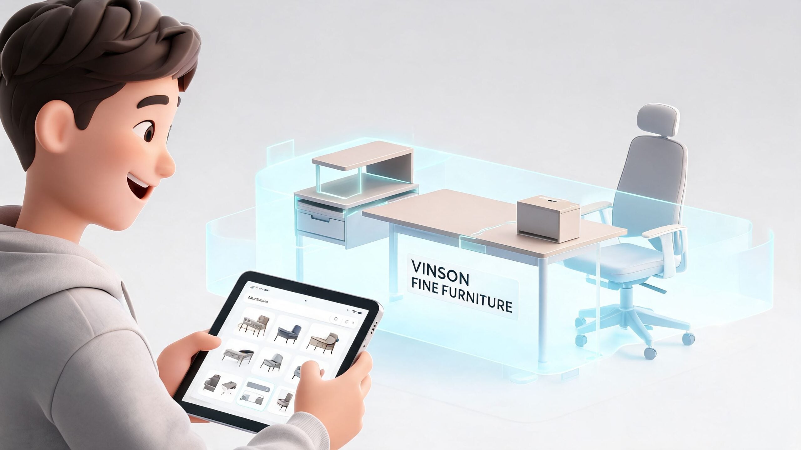 A 3D cartoon character using a tablet to view and customize virtual office furniture in augmented reality.