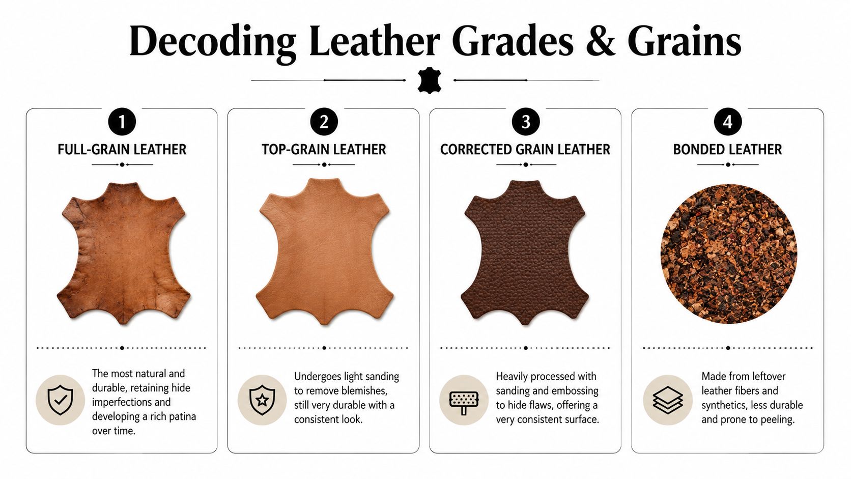 An infographic illustrating and explaining the four main grades of leather, from full-grain to bonded leather.