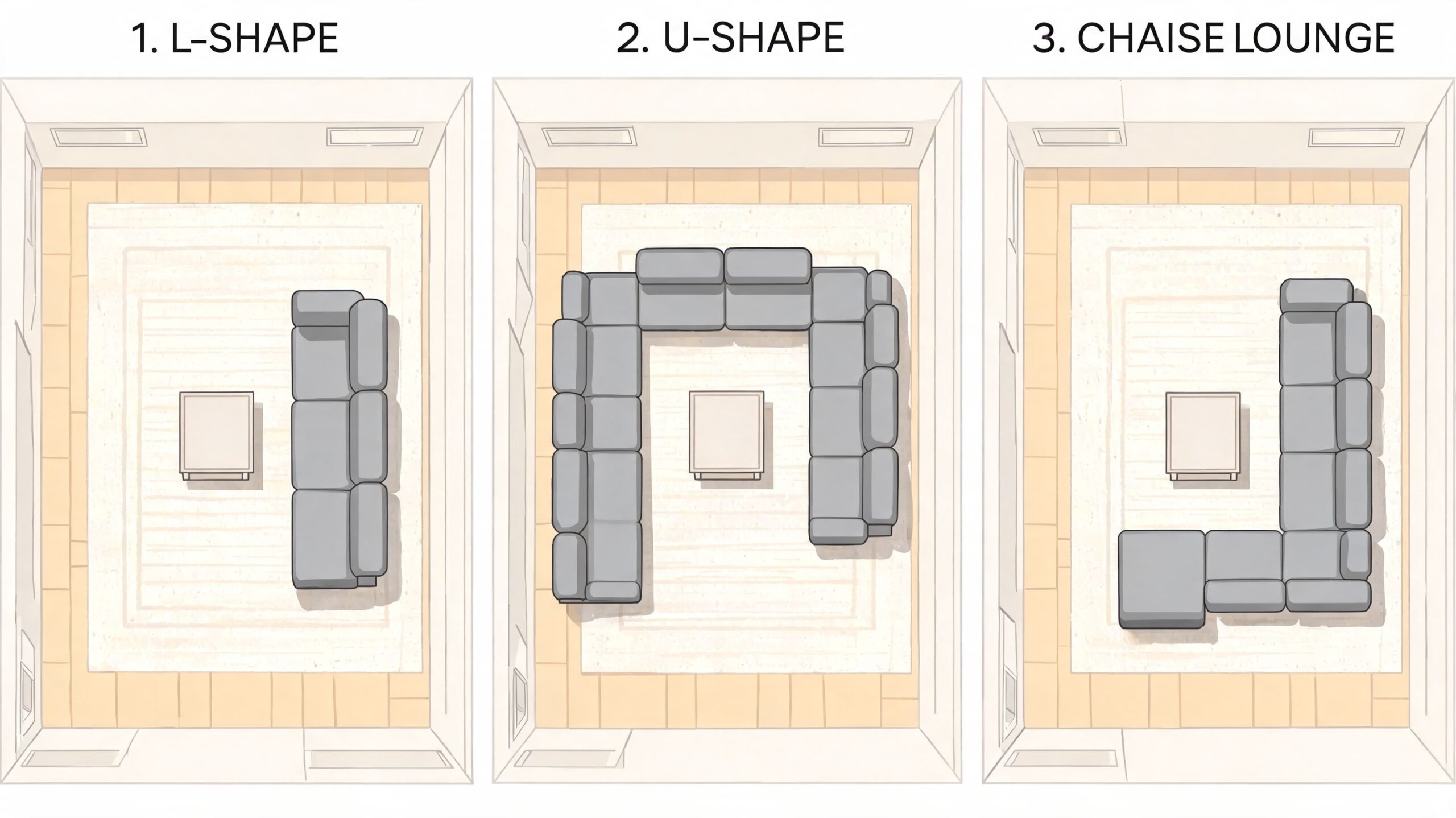 A top-down architectural layout diagram showing three different common sofa configurations for a living room space.