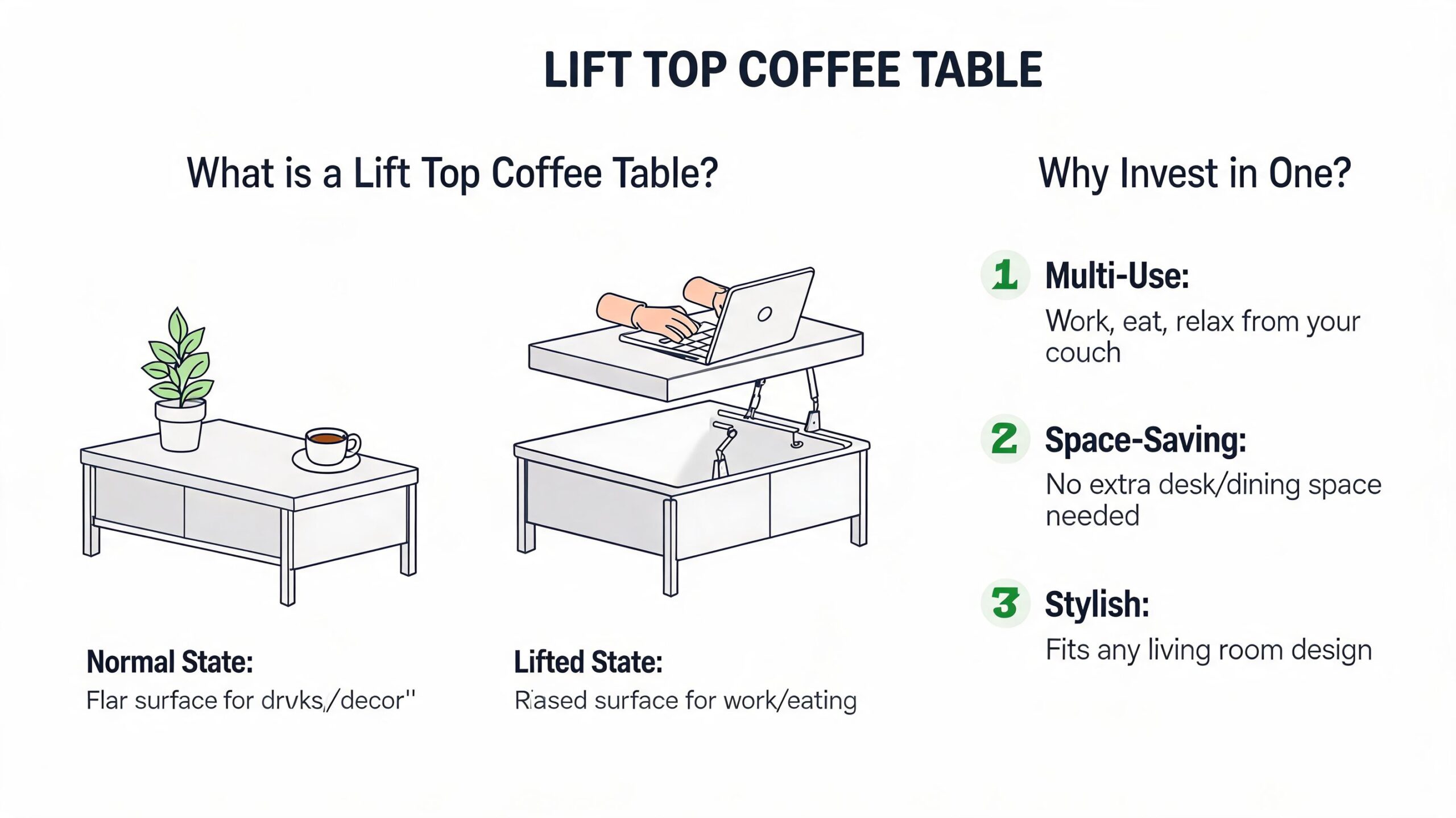 A diagram illustrating the functionality and benefits of a lift top coffee table for home use.