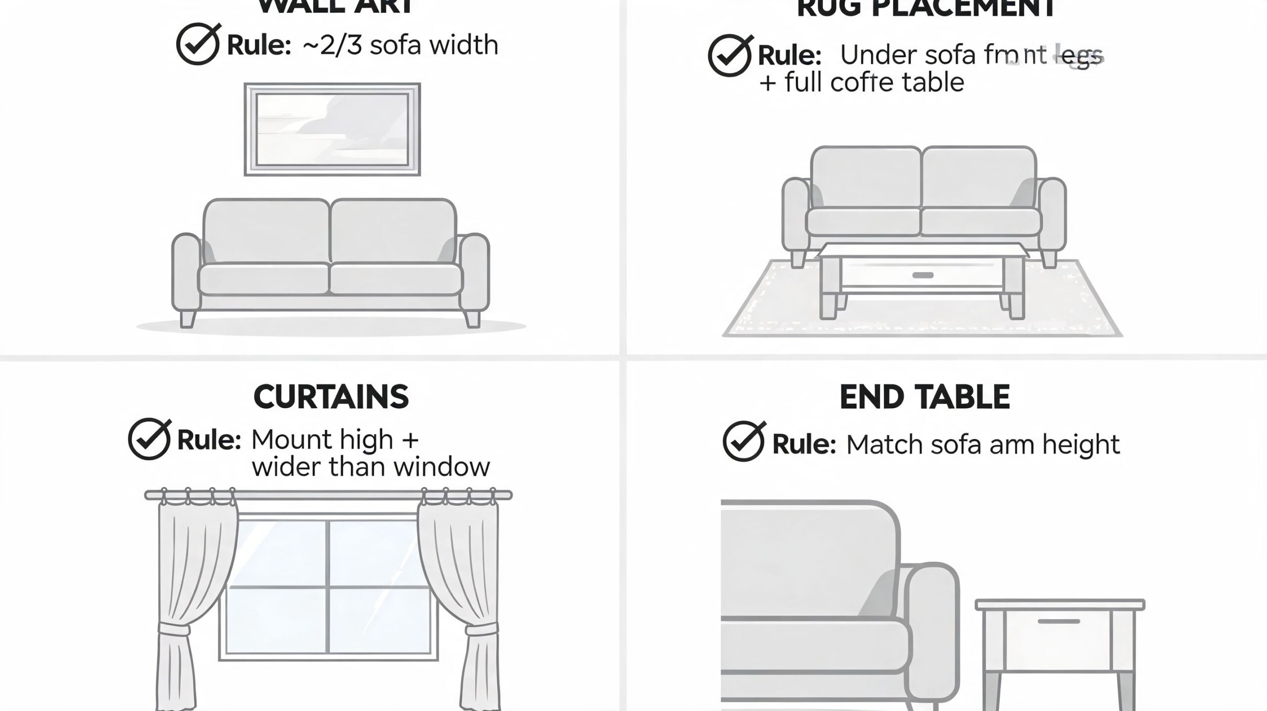 A four-part infographic illustrating interior design rules for wall art, rug placement, curtains, and end tables.
