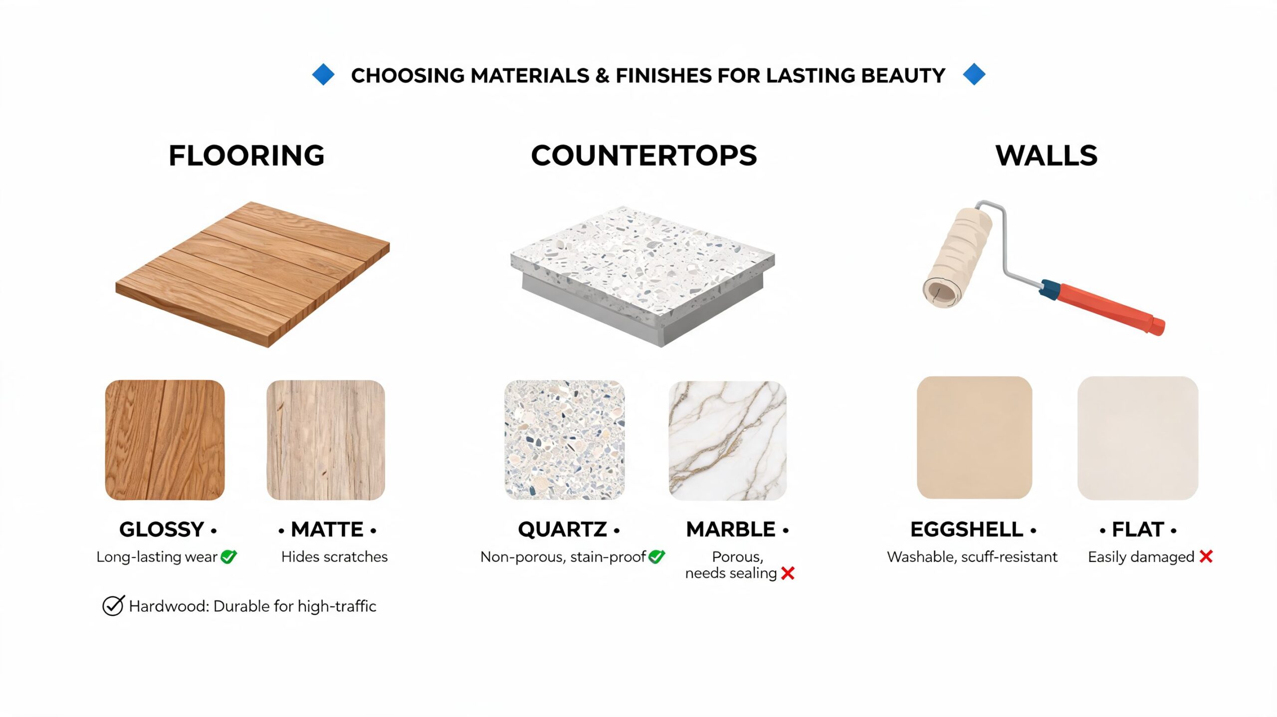 An infographic showing flooring, countertop, and wall finishes with pros and cons for home materials.