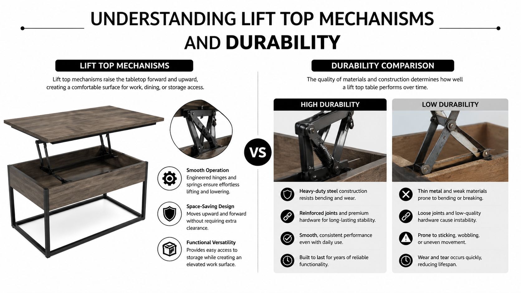 An infographic comparing high and low durability lift top table mechanisms using photos and descriptive icons.