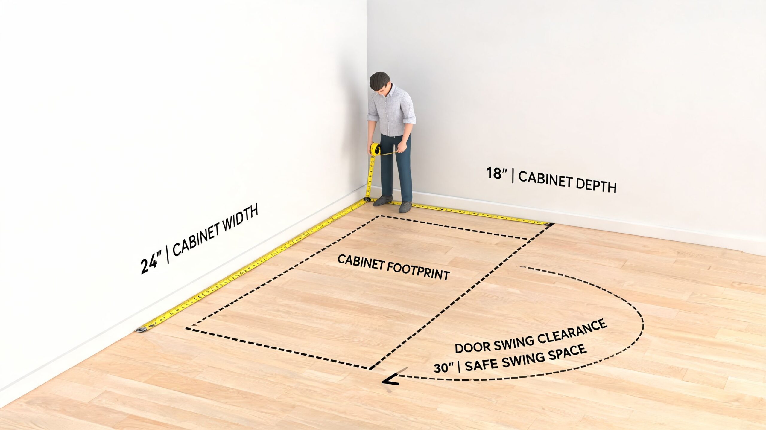 A person measuring a corner area for cabinet installation with dimensions for depth and width labeled.