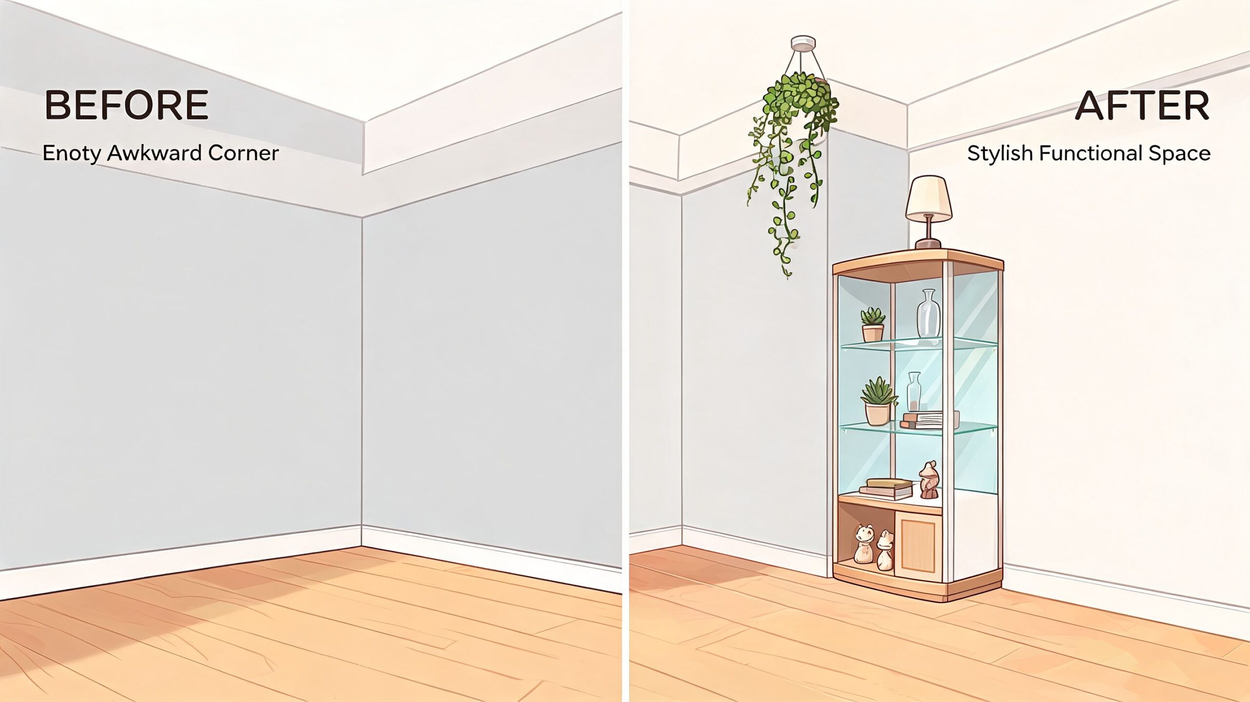A split image showing an empty corner transformed into a stylish functional space with a curio cabinet.