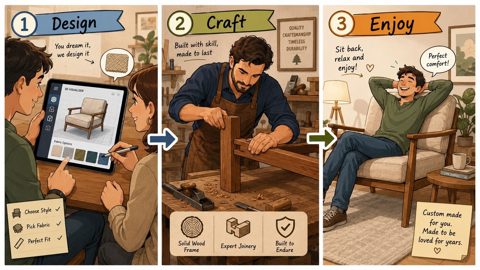A three-step illustration showing custom furniture design, artisanal wood crafting, and a person relaxing in the finished chair.