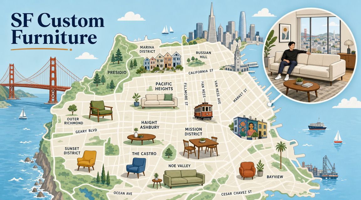 A map of San Francisco illustrated with custom furniture pieces placed across various city neighborhoods.