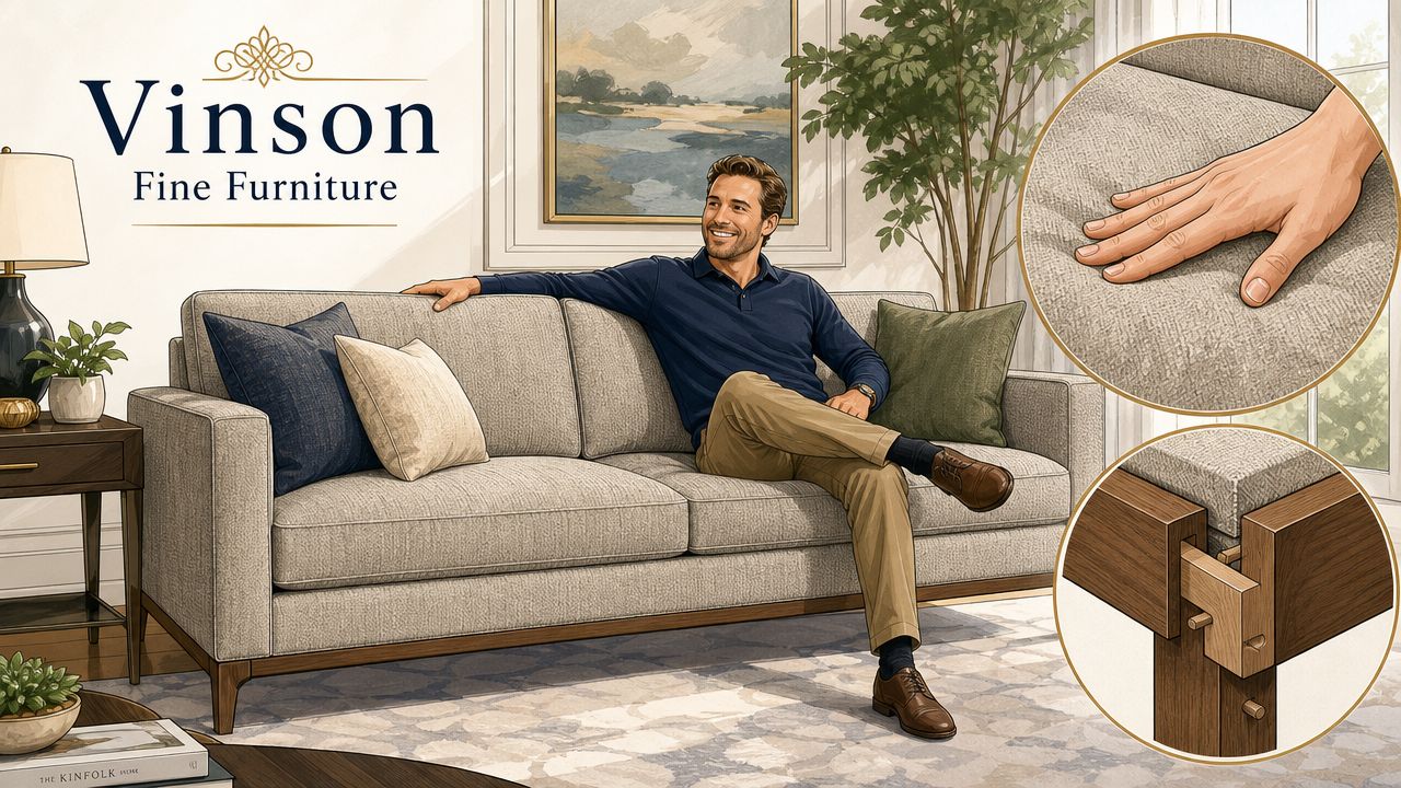 A man sits on a comfortable beige upholstered sofa, highlighting its quality craftsmanship and wooden frame construction.