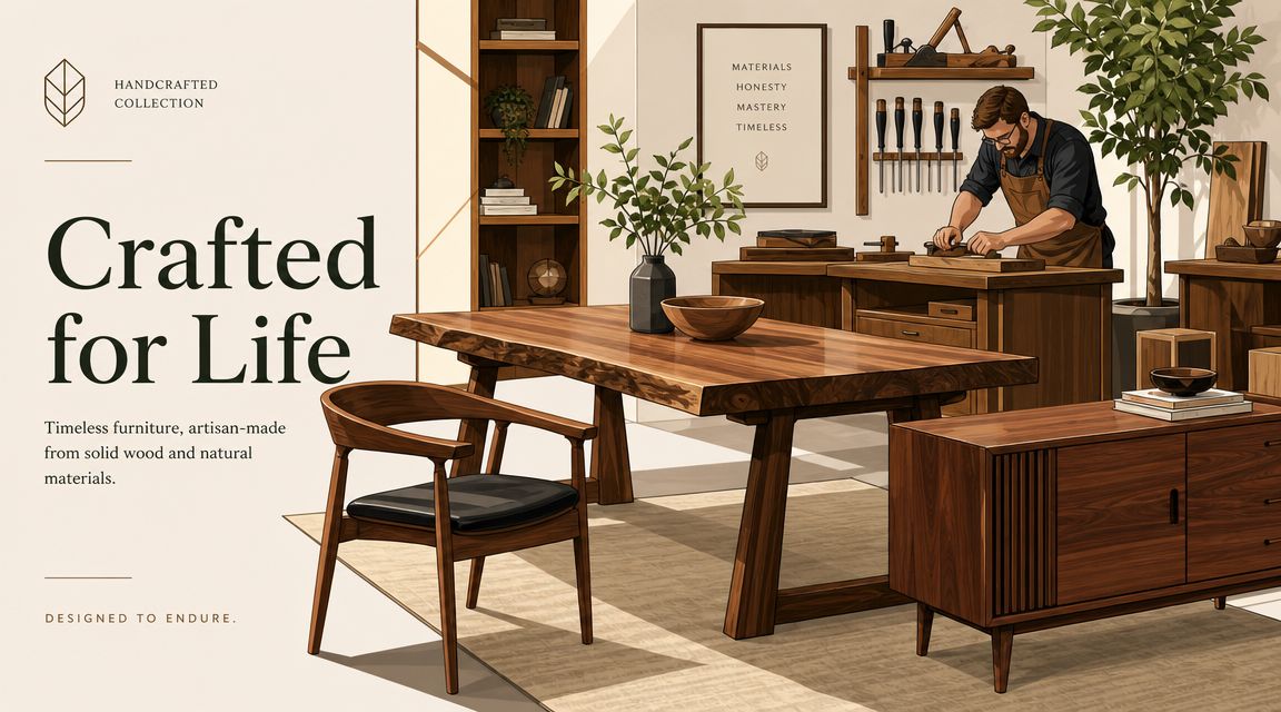 A craftsman working on wooden furniture in a bright, modern workshop featuring natural materials and timeless designs.