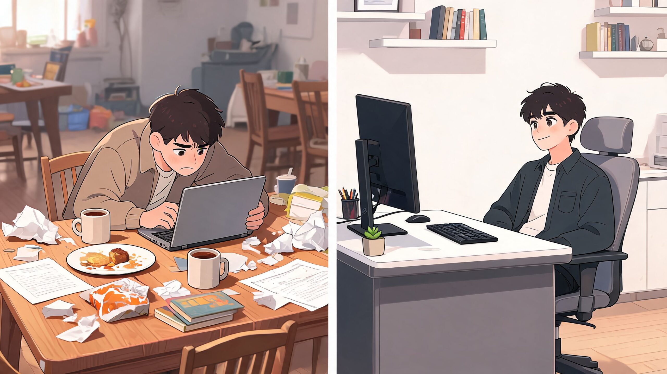 A split image showing a man working at a cluttered table versus an organized desk workspace.