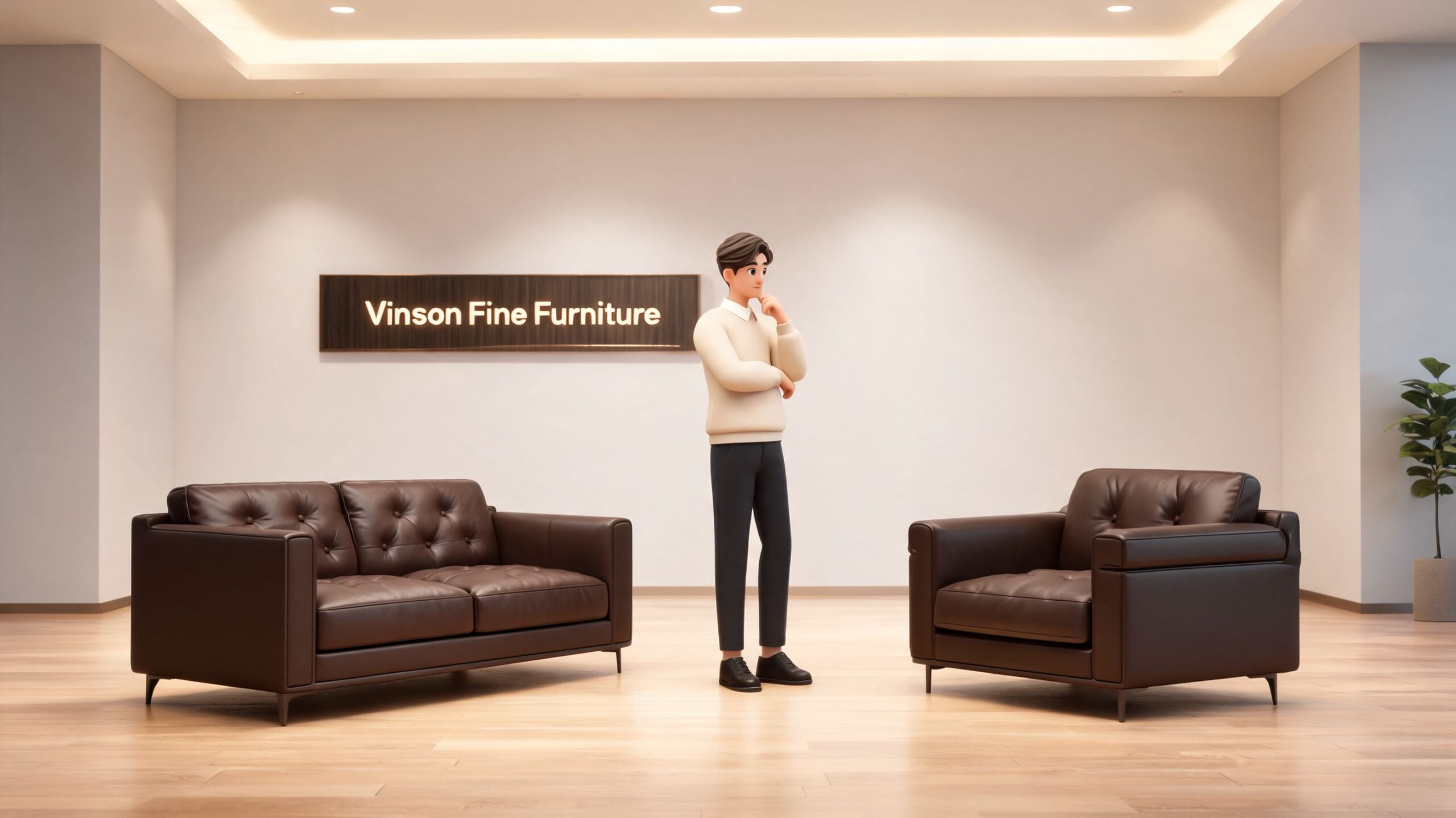 A 3D character standing in a modern furniture showroom featuring leather armchairs and a minimalist display sign.